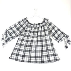 Always Indigo Blouse Womens 2XL Black White Plaid Off Shoulder‎ 3/4 Sleeve Bow